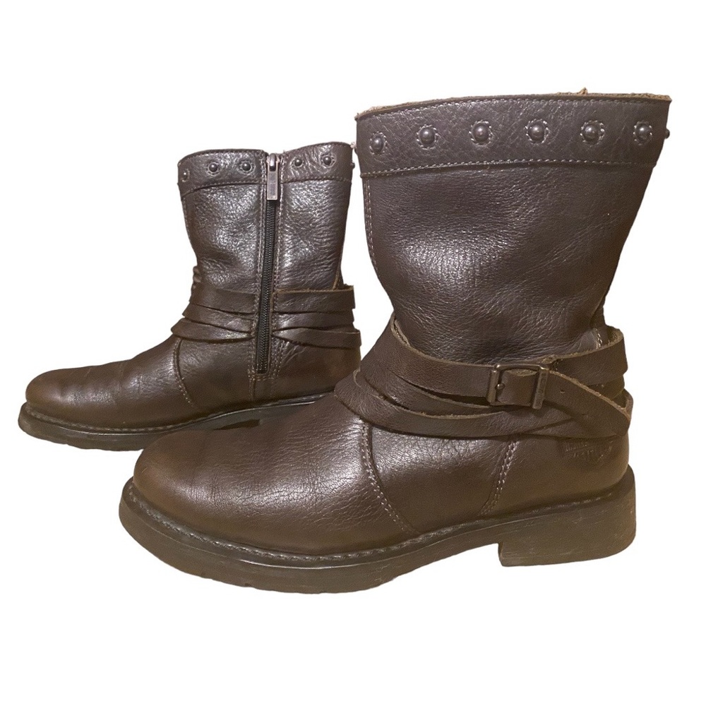 Harley Davidson Mandy Brown Black Leather Biker Slate Buckle Ankle Boots 6W - Picture 7 of 13